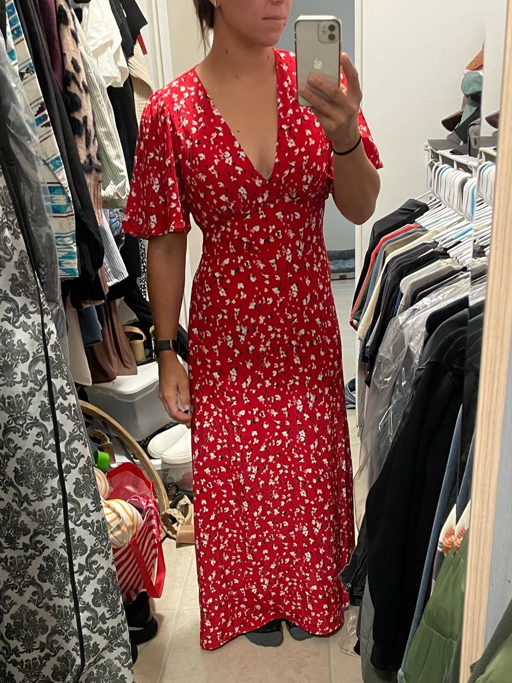 Red Floral V-Neck Maxi Dress